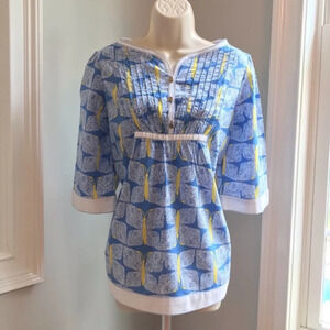 Lilly Pulitzer Blue Yellow Butterfly Print Egan Pintuck Tunic Blouse Top Small
